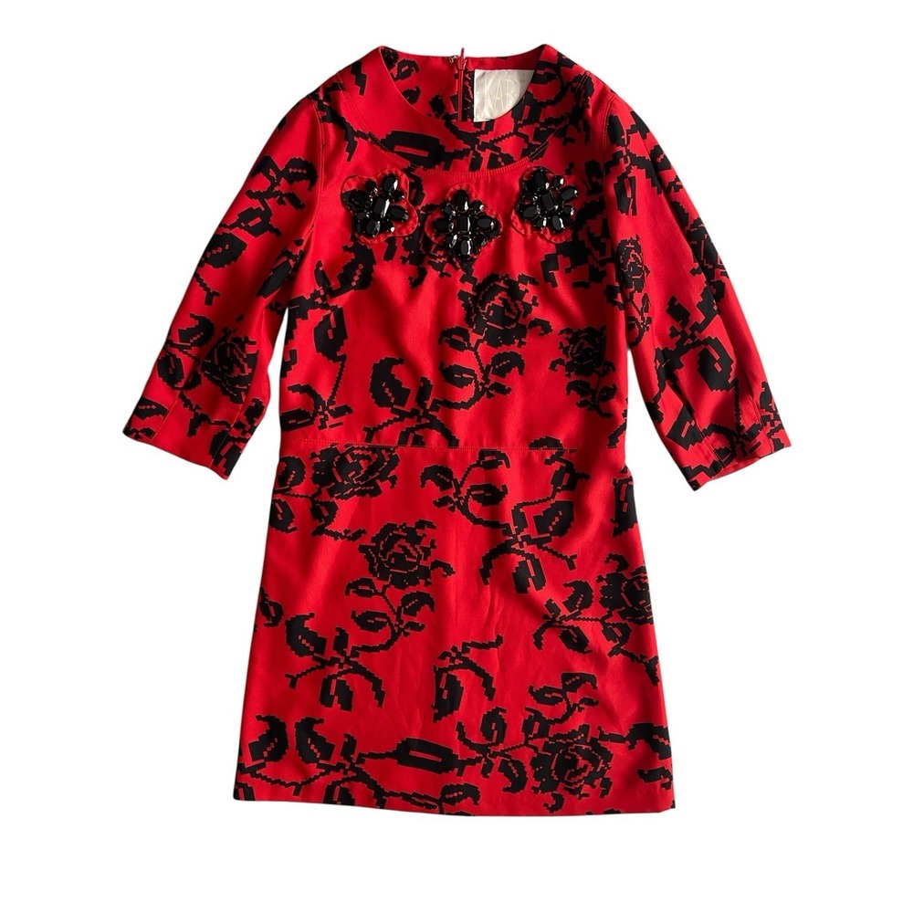 Floral Mod Glam Jewel Neck Shift Dress Size S Red Black Statement Cocktail Party